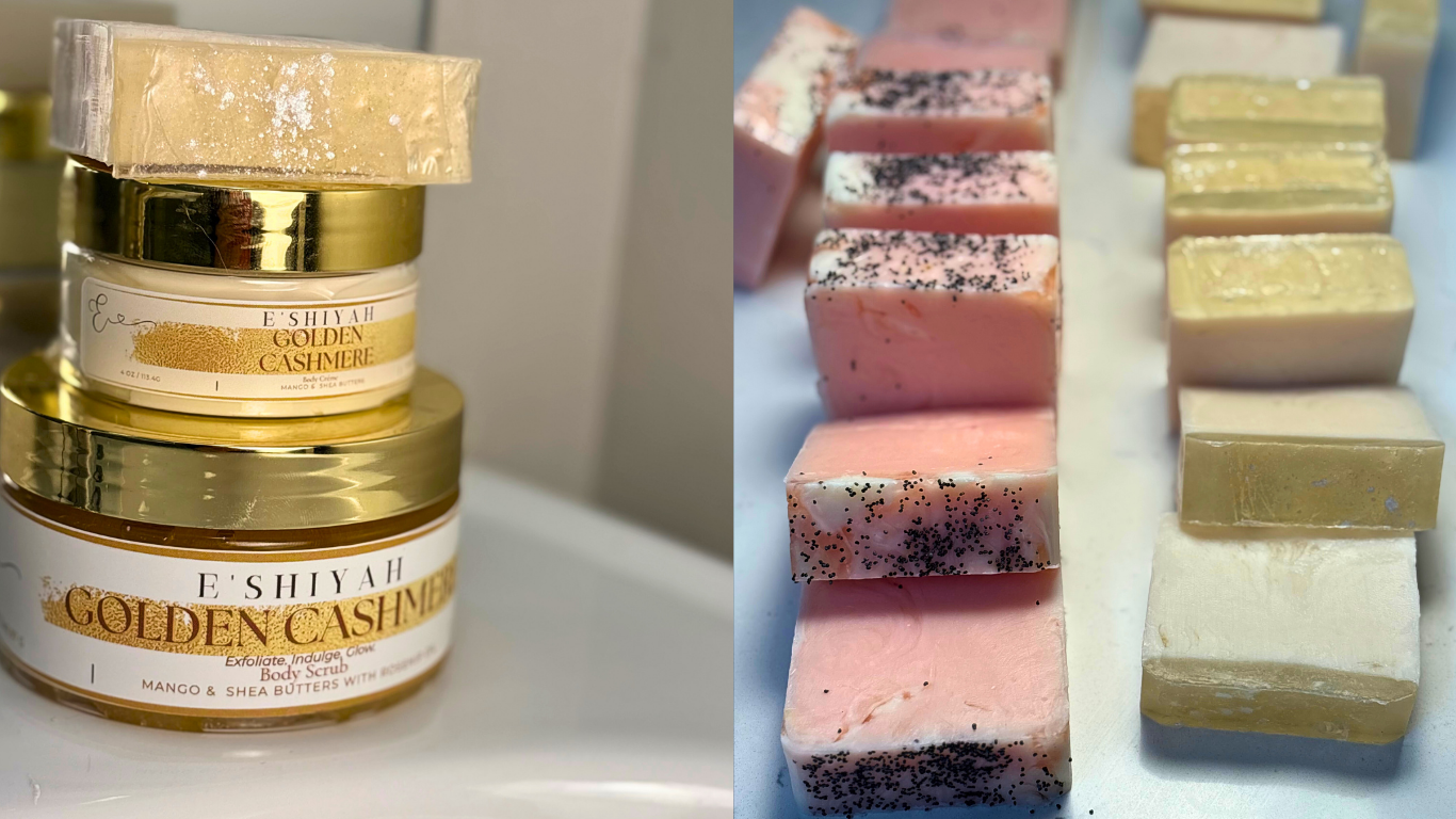 Golden Cashmere Trio (body scrub, body créme, and cleansing bar) & Strawberry Créme Delight Cleansing bars alongside more Golden Cashmere Cleansing bars